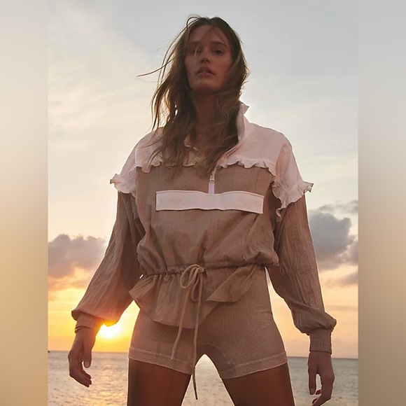 Free People Jackets & Blazers - Free People Movement Let's Go Out Tan White Ruffle Pullover Jacket Size M